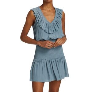 Ramy Brook New York Women’s Small Blue Ellery Ruffled V-Neck Smocked Mini Dress